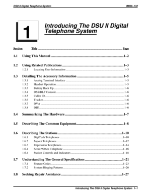 Page 4Introducing The DSU II Digital
Telephone System
SectionTitle ..................................................................................................................Page
1.1 Using This Manual .....................................................................................1–2
1.2 Using Related Publications........................................................................1–3
1.2.1 Locating User Information...