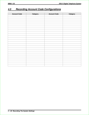 Page 3084.5 Recording Account Code Configurations
Account Code Category Account Code Category
IMI66–132 DSU II Digital Telephone System
4 – 20  Recording The System Settings 