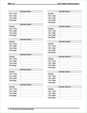 Page 318Call Rate Table 1
Tier 1 Time
Tier 1 Rate
Tier 2 Rate
Surcharge
Call Rate Table 2
Number
Tier 1 Time
Tier 1 Rate
Tier 2 Rate
Surcharge
Call Rate Table 3
Number
Tier 1 Time
Tier 1 Rate
Tier 2 Rate
Surcharge
Call Rate Table 4
Number
Tier 1 Time
Tier 1 Rate
Tier 2 Rate
Surcharge
Call Rate Table 5
Number
Tier 1 Time
Tier 1 Rate
Tier 2 Rate
Surcharge
Call Rate Table 6
Number
Tier 1 Time
Tier 1 Rate
Tier 2 Rate
Surcharge
Call Rate Table 7
Number
Tier 1 Time
Tier 1 Rate
Tier 2 Rate
Surcharge
Call Rate Table 8...