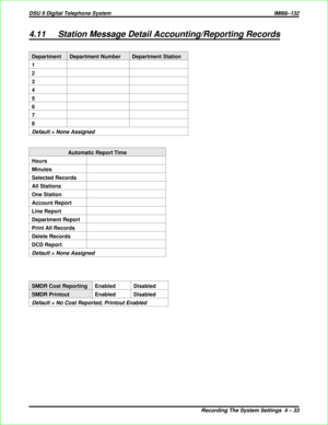 Page 3214.11 Station Message Detail Accounting/Reporting Records
Department Department Number Department Station
1
2
3
4
5
6
7
8
Default = None Assigned
Automatic Report Time
Hours
Minutes
Selected Records
All Stations
One Station
Account Report
Line Report
Department Report
Print All Records
Delete Records
DCD Report
Default = None Assigned
SMDR Cost Reporting Enabled Disabled
SMDR Printout Enabled Disabled
Default = No Cost Reported, Printout Enabled
DSU II Digital Telephone System IMI66–132
Recording The...