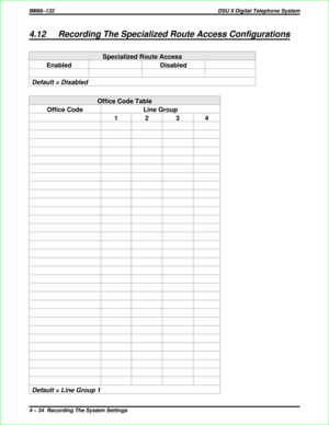 Page 3224.12 Recording The Specialized Route Access Configurations
Specialized Route Access
Enabled Disabled
Default = Disabled
Office Code Table
Office Code Line Group
1234
Default = Line Group 1
IMI66–132 DSU II Digital Telephone System
4 – 34  Recording The System Settings 