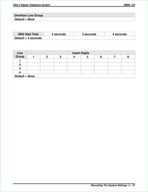 Page 325Overflow Line Group
Default = None
SRA Wait Time 2 seconds 3 seconds 4 seconds
Default = 4 seconds
Line
GroupInsert Digits
12345678
1
2
3
4
Default = None
DSU II Digital Telephone System IMI66–132
Recording The System Settings 4 – 37 