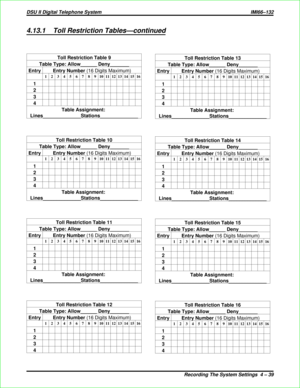 Page 3274.13.1 Toll Restriction Tables—continued
Toll Restriction Table 13
Table Type: Allow______ Deny_______
Entry Entry Number(16 Digits Maximum)
12345678910111213141516
1
2
3
4
Table Assignment:
Lines______________Stations______________
Toll Restriction Table 14
Table Type: Allow______ Deny_______
Entry Entry Number(16 Digits Maximum)
12345678910111213141516
1
2
3
4
Table Assignment:
Lines______________Stations______________
Toll Restriction Table 15
Table Type: Allow______ Deny_______
Entry Entry Number(16...