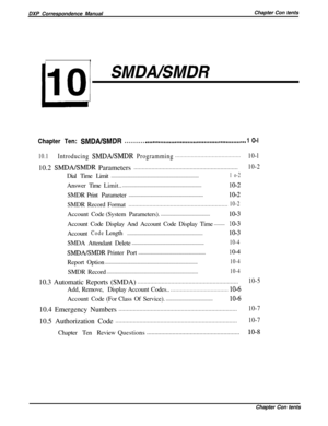 Page 208DXP Correspondence ManualChapter Con tentsSMDABMDR
Chapter Ten: SMDAEMDR. . . . . . . . . . . ..‘....................................................1 O-l
10.1Introducing SMDABMDR Programming.........................................10-l10.2 
SMDABMDR Parameters.................................................................10-2Dial Time Limit
.........................................................................1 o-2AnswerTimeLimit.....