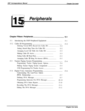 Page 244DXP Correspondence Manual
Chapter Con tentsL15
PeripheralsChapter Fifteen: Peripherals
~..........................................*....................
15-1
15.1Introducing the DXP Peripheral Equipment. . . . . . . . . . . . . . . . . . . . . . . . . . . . . . . . . . . . . . .15-1
15.2Caller ID Programming
......................................................................15-2
Deleting Viewed RNA Record (for Caller ID)
.........................
15-2Setting Absorb Ring Time (for Caller ID)...