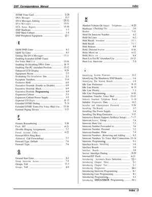 Page 287DXP Correspondence ManualindexDTMF ToneCard...................................................
l-14DVA
Messages....................................................15-7
DVA Messages, Editing.....................................
15-11
DVA Messages..................................................15-11
DVA Status Reports............................................15-10
DXP Hardware........................................................l-3...