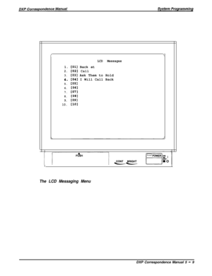 Page 90/--l
LCD Messages1. 
CO11 Back at
2.1021Call
3.CO31 Ask Them to Hold
4.[04] I Will Call Back
5.co51
6.
CO61
7.1071
8.
CO81
9.to91
10.1101
The LCD Messaging MenuDXP Correspondence Manual 5 
- 9 