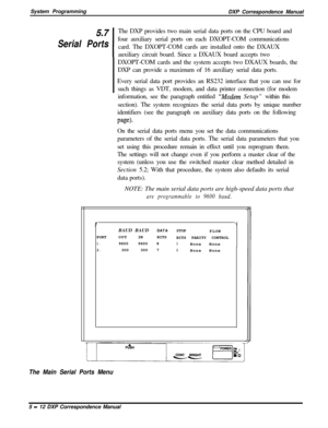 Page 93System Programming
DXP Correspondence Manual5.7The DXP provides two main serial data ports on the CPU board and
Serial Ports
!four auxiliary serial ports on each DXOPT-COM communications
card. The DXOPT-COM cards are installed onto the DXAUX
auxiliary circuit board. Since a DXAUX board accepts two.DXOPT-COM cards and the system accepts two DXAUX boards, the
DXP can provide a maximum of 16 auxiliary serial data ports.
Every serial data port provides an RS232 interface that you can use for
such things as...