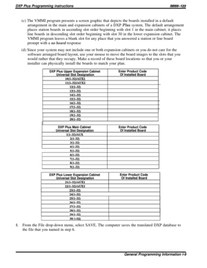 Page 15DXP Plus Programming instructions/M/66-123(c) The VMMI program presents a screen graphic that depicts the boards installed in a default
arrangement in the main and expansion cabinets of a DXP Plus system. The default arrangement
places station boards in ascending slot order beginning with slot 1 in the main cabinet; it places
line boards in descending slot order beginning with slot 30 in the lower expansion cabinet. TheVMMI program leaves a blank slot for any place that you answered a station or line...