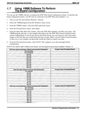 Page 17DXP Plus Programming InstructionslMl66-123
1.7UsinVMMI Software To Perform
Theiioard Configuration
You can use the VMMI software to program the DXP Plus board configuration feature. To perform the
board configuration feature, your PC must be connected to the DXP Plus (see Section 1.1).
1.Turn on your PC and load the Windows software.
2.Select the VMMI program from the Windows menu screen.
3.From the VMMI window, select the FILE pull-down menu.
4.From the File pull-down menu, select Open.
5.From the Open...