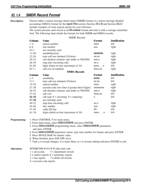 Page 185IO. 1.4SMDR Record FormatDescription:Choose either a station message detail report (SMDR) format or a station message detailed
accounting (SMDA) format for the 
reportThis section (Section 10.1.4) and Section 10.2.1include examples of some typical reports for your reference.
The system presents each record in an 
80-column format and ends it with a carriage return/line
feed. Thefollowing chart details the formats for both SMDR and SMDA records.
Column
l-4
6-8
9-l 1
13-20
22-26
29-33
36-39
43-58
65-7...