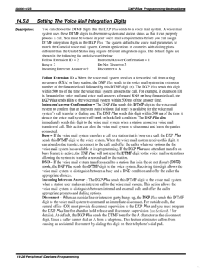 Page 244/M/66-123DXP Plws Programming fnstrwcti~ns
14.5.8Setting The Voice Mail Integration Digits
Description:You can choose the DTMF digits that the DXP Plus sends to a voice mail system. A voice mail
system uses these DTMF digits to determine system and station status so that it can properly
process a call. You must be versed in your voice mail’s requirements before you can assign
DTMF integration digits in the DXP 
Plus. The system defaults the voice mail parameters to
match the Comdial voice mail system....