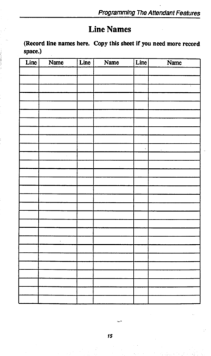 Page 18Programming The Attendant Features 
Line Names 
(Record line names here. Copy this sheet if you need more record 
space.) 
15  