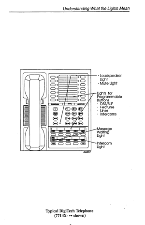 Page 9Understanding What the Lights Mean 
- * Loudspeaker 
Ught 
* Mute Light 
‘Lights for 
Programmable 
Buttons 
- DSSIBLF 
c3El000~ Intercom 
Ught 
Typical DigiTech Telephone 
(7714X- ** shown)  