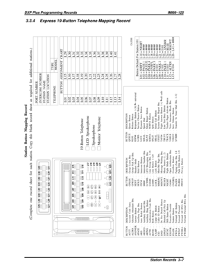 Page 10353.3.4 Express 19-Button Telephone Mapping Record
Station Button Mapping Record
(Complete one record sheet  for each  station.  Copy this  blank  record sheet  as required  for additional stations.)
PORT NUMBER
INTERCOM  NUMBER
STATION NAME
STATION LOCATION
TELEPHONETYPE
MODEL
LCD Speakerphone
19-Button Telephone
Speakerphone
Monitor Telephone
CAJS068
ITCM HOLD
TAP
MUTETRANS
CONFSPKR
1
4
72
5
8
0*
3
6
9
#
ABC
JKL
TUV
OPER GHI
PRS
SYSDEF
MNO
WXY
RDL
L26
L27L29L31
L33
L35L37L39L41 L28L30L32L34
L36
L38L40...