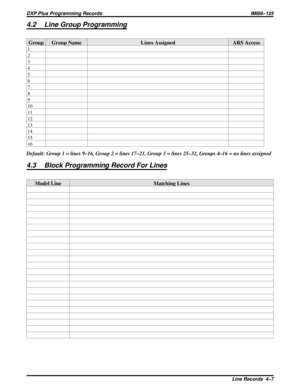 Page 10644.2 Line Group Programming
Group Group Name Lines Assigned ARS Access
1
2
3
4
5
6
7
8
9
10
11
12
13
14
15
16
Default: Group 1 = lines 9–16, Group 2 = lines 17–21, Group 3 = lines 25–32, Groups 4–16 = no lines assigned
4.3 Block Programming Record For Lines
Model Line Matching Lines
DXP Plus Programming Records IMI66–125
Line Records 4–7 