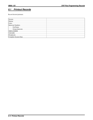 Page 10948.1 Printout Records
Record desired printouts.
System
Station
Lines
Intercom Numbers
Ext/Name
Group Intercom
SMDA/SMDR
Toll/ARS
Peripherals
Complete System Data
IMI66–125 DXP Plus Programming Records
8–2  Printout Records 