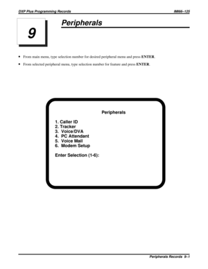 Page 1095Peripherals
·From main menu, type selection number for desired peripheral menu and pressENTER.
·From selected peripheral menu, type selection number for feature and pressENTER.
Peripherals
1. Caller ID
2. Tracker
3.  Voice/DVA
4.  PC Attendant
5.  Voice Mail
6.  Modem Setup
Enter Selection (1-6):
9
DXP Plus Programming Records IMI66–125
Peripherals Records 9–1 