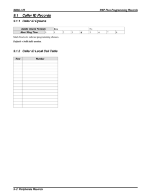 Page 10969.1 Caller ID Records
9.1.1 Caller ID Options
Delete Viewed RecordsYesNo
Abort Ring Time012345678
Mark blocks to indicate programming choices.
Default = bold italic entries.
9.1.2 Caller ID Local Call Table
Row Number
IMI66–125 DXP Plus Programming Records
9–2  Peripherals Records 