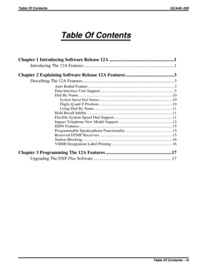 Page 1133Table Of Contents
Chapter 1 Introducing Software Release 12A .......................................................1
Introducing The 12A Features ..................................................................................1
Chapter 2 Explaining Software Release 12A Features .........................................3
Describing The 12A Features....................................................................................3
Auto Redial Feature...