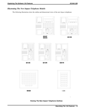 Page 1145Illustrating The New Impact Telephone Models
The following illustrations show the outline and dimensional views of the newImpacttelephones
IB48XIB24X 8212S
2ABC13DEF6MNO5JKL4GHI7PRS8TUV9WXY# 0 *
SPEAKERMESSAGE
TRNS/CONF
HOLDMUTETAP
COMDIAL
8212N
TAP
MUTE
HOLD TRNS/CONF INTERCOM
MESSAGE
*0#WXY9TUV8PRS7GHI4JKL5MNO6DEF3 1ABC2COMDIAL
8201N
TAP
MUTE
HOLD TRNS/CONF INTERCOM
MESSAGE
*0#WXY9TUV8PRS7GHI4JKL5MNO6DEF3 1ABC2COMDIAL
2ABC13DEF6MNO5JKL4GHI7PRS8TUV9WXY# 0 *COMDIAL
SHIFT
MUTE SPEAKERTRNS/CONF
HOLDTAP...