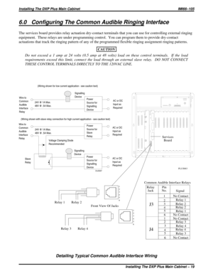 Page 1386.0 Configuring The Common Audible Ringing Interface
The services board provides relay actuation dry-contact terminals that you can use for controlling external ringing
equipment. These relays are under programming control. You can program them to provide dry-contact
actuations that track the ringing pattern of any of the programmed flexible ringing assignment ringing patterns.
CAUTION
Do not exceed a 1 amp at 24 volts (0.5 amp at 48 volts) load on these control terminals. If the load
requirements exceed...