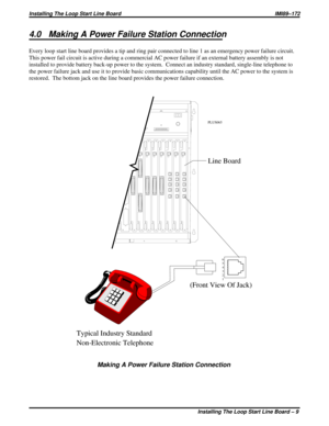 Page 2054.0 Making A Power Failure Station Connection
Every loop start line board provides a tip and ring pair connected to line 1 as an emergency power failure circuit.
This power fail circuit is active during a commercial AC power failure if an external battery assembly is not
installed to provide battery back-up power to the system.  Connect an industry standard, single-line telephone to
the power failure jack and use it to provide basic communications capability until the AC power to the system is
restored....