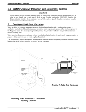 Page 2332.0 Installing Circuit Boards In The Equipment Cabinet
CAUTION
Circuit boards are susceptible to damage caused by electrostatic discharge, and you must keep this fact in
mind as you handle the circuit boards. Refer to the Comdial publication IMI01-005,Handling Of
Electrostatically Sensitive Components, for general information. Specific handling precautions are also
included in this installation instruction.
2.1 Creating A Static Safe Work Area
When servicing the common equipment cabinet at the...
