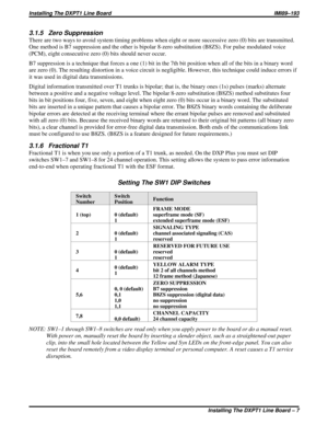 Page 2373.1.5 Zero Suppression
There are two ways to avoid system timing problems when eight or more successive zero (0) bits are transmitted.
One method is B7 suppression and the other is bipolar 8-zero substitution (B8ZS). For pulse modulated voice
(PCM), eight consecutive zero (0) bits should never occur.
B7 suppression is a technique that forces a one (1) bit in the 7th bit position when all of the bits in a binary word
are zero (0). The resulting distortion in a voice circuit is negligible. However, this...