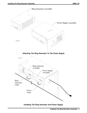Page 281Ring Generator Assembly
Power Supply Assembly
PLUS064
Attaching The Ring Generator To The Power Supply
Power Supply
Assembly Ring Generator
Assembly
Ring
Generator
Cable
Power
Cable
PLUS030
Installing The Ring Generator And Power Supply
Installing The Ring Generator Assembly IMI89–187
Installing The Ring Generator Assembly – 5 