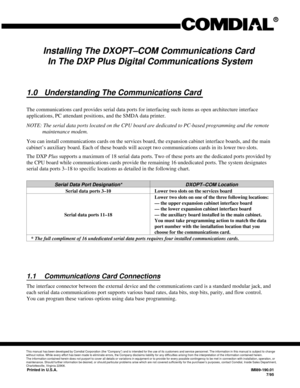 Page 287Installing The DXOPT–COM Communications Card
In The DXP Plus Digital Communications System
1.0 Understanding The Communications Card
The communications card provides serial data ports for interfacing such items as open architecture interface
applications, PC attendant positions, and the SMDA data printer.
NOTE: The serial data ports located on the CPU board are dedicated to PC-based programming and the remote
maintenance modem.
You can install communications cards on the services board, the expansion...