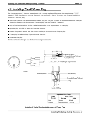 Page 3244.0 Installing The AC Power Plug
The charger assembly’s line cord is terminated with a typical continental European plug matching the CEE 7/7
standard. If this plug does not meet the site needs, you can install a plug of the proper type for your installation.
To install a line cord plug,
·familiarize yourself with the requirements for the plug that you plan to install on the unterminated line cord (the
illustration shows a typical continental European plug matching the CEE 7 standard),
·strip off the...