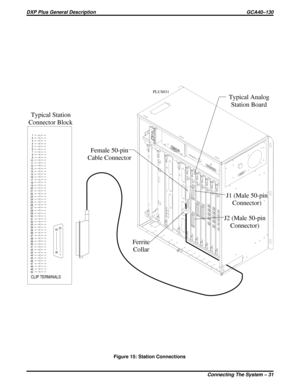 Page 341
2
3
4
5
6
7
8
9
10
11
12
13
14
15
16
17
18
19
20
21
22
23
24
25
26
27
28
29
30
31
32
33
34
35
36
37
38
39
40
41
42
43
44
45
46
47
48
49
50
CLIP TERMINALS
50
26
1 25
Typical Station
Connector Block
Ferrite
Collar Female 50-pin
Cable Connector
J1 (Male 50-pin
Connector) Typical Analog
Station Board
J2 (Male 50-pin
Connector)
PLUS031
Figure 15: Station Connections
DXP Plus General Description GCA40–130
Connecting The System – 31 