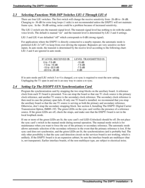 Page 3442.3 Selecting Functions With DIP Switches LIU-1 Through LIU-4
There are four LIU switches. The first switch will change the receive sensitivity from -26 dB to -36 dB.
Changing to -36 dB for extra long loops (1 mile) is not recommended unless the DXPT1 will not maintain
frame sync. In the -36 dB setting, noise could be a problem because of increased sensitivity.
The LIU-2 switch sets the transmit signal level. The transmit signal level has nothing to do with the audio
voice levels. The default is manual...