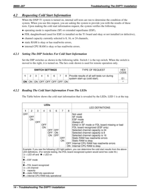 Page 3494.2 Requesting Cold Start Information
When the DXP-T1 system is turned on, internal self-tests are run to determine the condition of the
system. When you use this request, you are asking the system to provide you with the results of these
tests. Upon making the cold start information request, the system verifies the following.
·operating mode is superframe (SF) or extended superframe (ESF),
·FDL daughterboard (used for ESF) is installed on the T1 board and okay or not installed (or defective),
·channel...