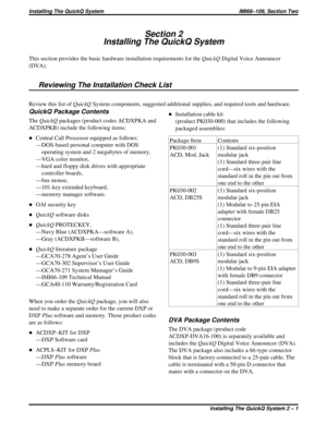 Page 373Section 2
Installing The QuickQ System
This section provides the basic hardware installation requirements for theQuickQDigital Voice Announcer
(DVA).
Reviewing The Installation Check List
Review this list ofQuickQSystem components, suggested additional supplies, and required tools and hardware.
QuickQ Package Contents
TheQuickQpackages (product codes ACDXPKA and
ACDXPKB) include the following items:
·Central Call Processor equipped as follows:
—DOS-based personal computer with DOS
operating system and 2...