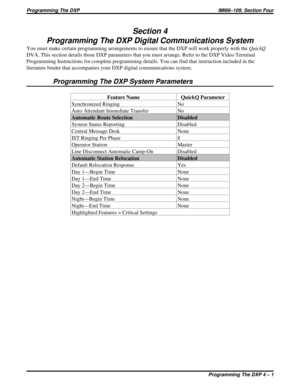 Page 385Section 4
Programming The DXP Digital Communications System
You must make certain programming arrangements to ensure that the DXP will work properly with theQuickQ
DVA. This section details those DXP parameters that you must arrange. Refer to the DXP Video Terminal
Programming Instructions for complete programming details. You can find that instruction included in the
literature binder that accompanies your DXP digital communications system.
Programming The DXP System Parameters
Feature Name QuickQ...