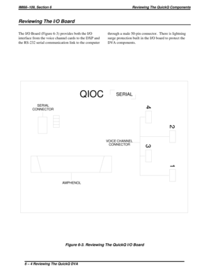 Page 410Reviewing The I/O Board
The I/O Board (Figure 6-3) provides both the I/O
interface from the voice channel cards to the DXP and
the RS-232 serial communication link to the computerthrough a male 50-pin connector.  There is lightning
surge protection built in the I/O board to protect the
DVA components.
QIOCSERIAL
AMPHENOL
CONNECTOR VOICE CHANNEL SERIAL
CONNECTOR
1
2
3 4
Figure 6-3. Reviewing The QuickQ I/O Board
IMI66–109, Section 6 Reviewing The QuickQ Components
6 – 4 Reviewing The QuickQ DVA 