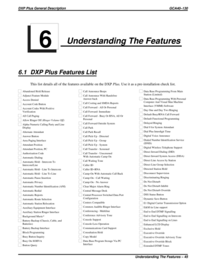 Page 47Understanding The Features
6.1 DXP Plus Features List
This list details all of the features available on the DXPPlus.Use it as a pre-installation check list.
6
Abandoned Hold Release
Adjunct Feature Module
Access Denied
Account Code Button
Account Codes With Positive
Verification
All Call Paging
Allow Ringer Off(Ringer Volume Off)
Alpha-Numeric Calling Party and Line
Display
Alternate Attendant
Answer Button
Area Paging Interface
Attendant Position
Attendant Position, PC
Authorization Code
Automatic...