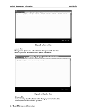 Page 477Figure 5-4. Answer Bins
Figure 5-5. Abandon Bins
Abandon Bins
Show percent of abandoned calls within the 7 programmable time bins.
Shows supervisors the tolerance of callers. Answer Bins
Show percent of answered calls within the 7 programmable time bins.
Shows supervisors the response rates of their departments.
QuickQ Management Information GCA70-271
5-8 QuickQ Management Information 