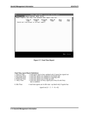 Page 479Total Time Agent Report Definitions
1. Sign In Time = total agent sign in time–updated only if agent has signed out
2. Incoming Time = total time agents are engaged in incoming calls
3. Outgoing Time = total time agents are engaged in outgoing calls
4. Wrap Up Time = total time agents are in wrap-up state
5. Busy Time = total time agent set busy (agent press busy & auto busy
due to redirect)
6. Idle Time = total time agents are in idle state –up dated only if agents has
signed out [(1 - 2 - 3 - 4) = 6]...