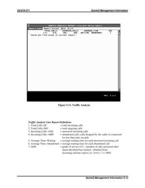 Page 482Traffic Analysis Line Report Definitions
1. Total Calls–I/C = total incoming calls
2. Total Calls–O/G = total outgoing calls
3. Incoming Calls–ANS = answered incoming calls
4. Incoming Calls–ABD = abandoned calls–calls dropped by the caller or connected
for less than nine seconds
5. Average Time–Waiting = average waiting time for each answered incoming call
6. Average Time–Abandoned = average waiting time for each abandoned call
7. GOS = grade of service [(3) - (number of calls answered after
alarm...