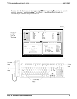 Page 581You may view the directory at any time by pressingALT-D, or by pressingEsc, moving the cursor to
highlight “Directory,” and pressingEnter. The Directory is arranged alphabetically and will
automatically re-sort when changes are made to it.
TrackerEscHelp
MuteHeadsetI.D. Split
ParkBothRetrieveSerial ConfOverflowPage
LineTA P
Intercom
NJI *
8
BHU &
7
VGY ^
6
CFT %
5
XDR $
4
ZSE #
3
AW @
2
Q !
1
Silent
MKO (
9

:
:
+
=
?
/


_
-
PickMessagePrint
ScreenPause
Scroll
Lock
Page
Down Page
Up Home Insert
Delete...