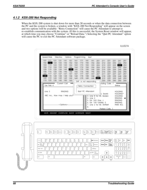 Page 5874.1.2 KSX-200 Not Responding
When the KSX-200 system is shut down for more than 30 seconds or when the data connection between
the PC and the system is broken, a window with “KSX-200 Not Responding” will appear on the screen
and two options will be available: “Retry Connection” will cause the PC Attendant to attempt to
re-establish communication with the system. (If this is successful, the System Reset window will appear,
at which time you may choose “Continue” or “Reload Data.”) Selecting the “Quit PC...