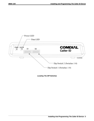 Page 608Power LED
Data LED
Dip Switch 2 (Switches 1-8)
Dip Switch 1 (Switches 1-8)
PWRDATA
Caller ID
S1
S2
CAJS092
Locating The DIP Switches
IMI89–205 Installing and Programming The Caller ID Device
Installing And Programming The Caller ID Device– 5 