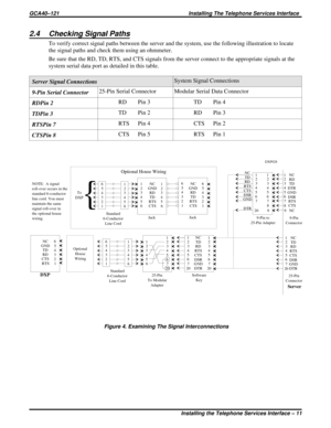 Page 6512.4 Checking Signal Paths
To verify correct signal paths between the server and the system, use the following illustration to locate
the signal paths and check them using an ohmmeter.
Be sure that the RD, TD, RTS, and CTS signals from the server connect to the appropriate signals at the
system serial data port as detailed in this table.
Server Signal ConnectionsSystem Signal Connections
9-Pin Serial Connector25-Pin Serial Connector Modular Serial Data Connector
RDPin 2RD Pin 3 TD Pin 4
TDPin 3TD Pin 2 RD...