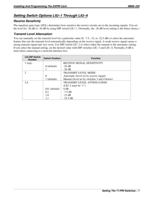 Page 693Setting Switch Options LIU–1 Through LIU–4
Receive Sensitivity
The equalizer gain logic (EGL) determines how sensitive the receive circuits are to the incoming signals. You set
the level for -26 dB or -36 dB by using DIP switch LIU–1. (Normally, the -26 dB level setting is the better choice.)
Transmit Level Attenuation
You can manually set the transmit level for a particular value (0, -7.5, -15, or -22.5 dB) or select the automatic
feature that sets the transmit level automatically depending on the...