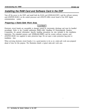 Page 745Understanding the VMMI
Installing the RAM Card and Software Card in the DXP
GCA40-182Turn off the power to the DXP, and install both the RAM card (DXRAM-EXPC.) and the software memory
card (DXPSW-DLRC) on the central processor unit (DXCPU-68K) circuit board of the DXP digital
communications system.
Preparing a Static-Safe Work Area.
Electronic circuit boards are susceptible to damage caused by electrostatic discharge and must be handled
accordingly. Refer to the Comdial publication 
IMIOl-005, Handling...