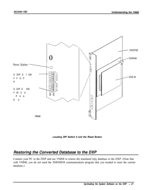 Page 750GCA40-182Understanding the VMMI0
Reset Button -----toSet DIP Switch 1 ON
For Fixed Data Port
Parameters.
Set DIP Switch 8 ON 
1.For Master Clear Upon
initial Power Up After
is%Software Upgrade.
DXP025
/- DXCPU-68K
DXRAM-xxx
/ DXS W-xxx
Locating DIP Switch 8 and the Reset Button
Restoring the Converted Database to the DXPConnect your PC to the DXP and use VMMI to restore the translated 
1OA database to the DXP. (Note that
with VMMI, you do not need the XMODEM communications program that you needed to...