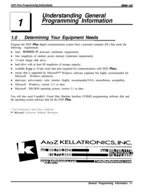 Page 759Understanding General
Programming Information
I.0Determining Your Equipment NeedsProgram the DXP Plus digital communications system from a personal computer (PC) that meets the
following requirements:
lIntel* 80386SX-33 processor (minimum requirement),
lfour megabytes of random access memory (minimum requirement),
l3.5-inch floppy disk drive,
lhard drive with at least 80 megabytes of storage capacity,
lavailable g-pin or 25-pin serial data port (required for communications with DXP Plus),
lmouse that is...